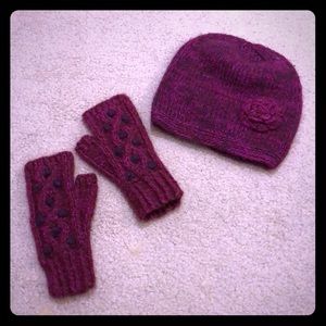 Knitted Burgundy Alpaca Hat and Gloves